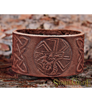   Leather Bracelet Cuff Wristband Kolovrat Symbol Slavic Sun Weel Celtic Knotwork Talisman Amulet Carving Leather